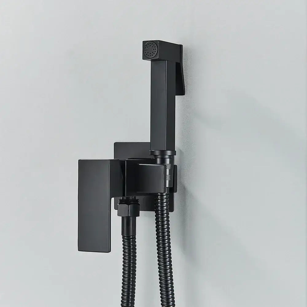 Matte black brass bidet faucet with handheld spray featuring a sleek rectangular design and flexible hose for bathroom use