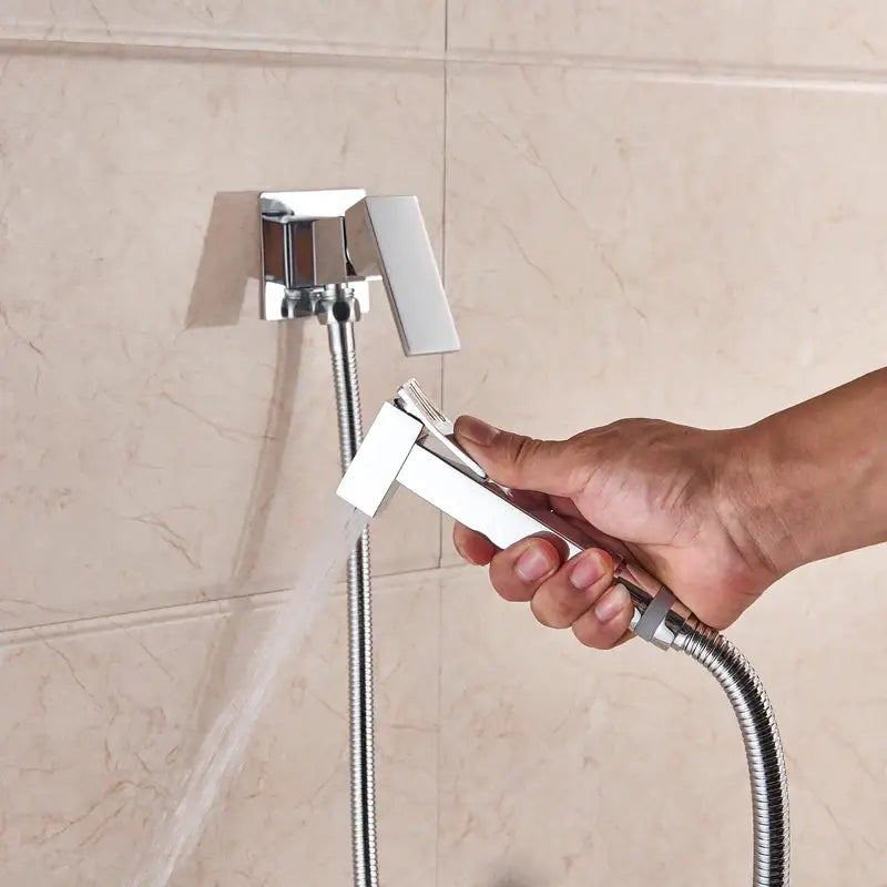 Chrome-finished handheld showerhead with flexible metal hose for matte black brass bidet faucet by decorbites brass bidet