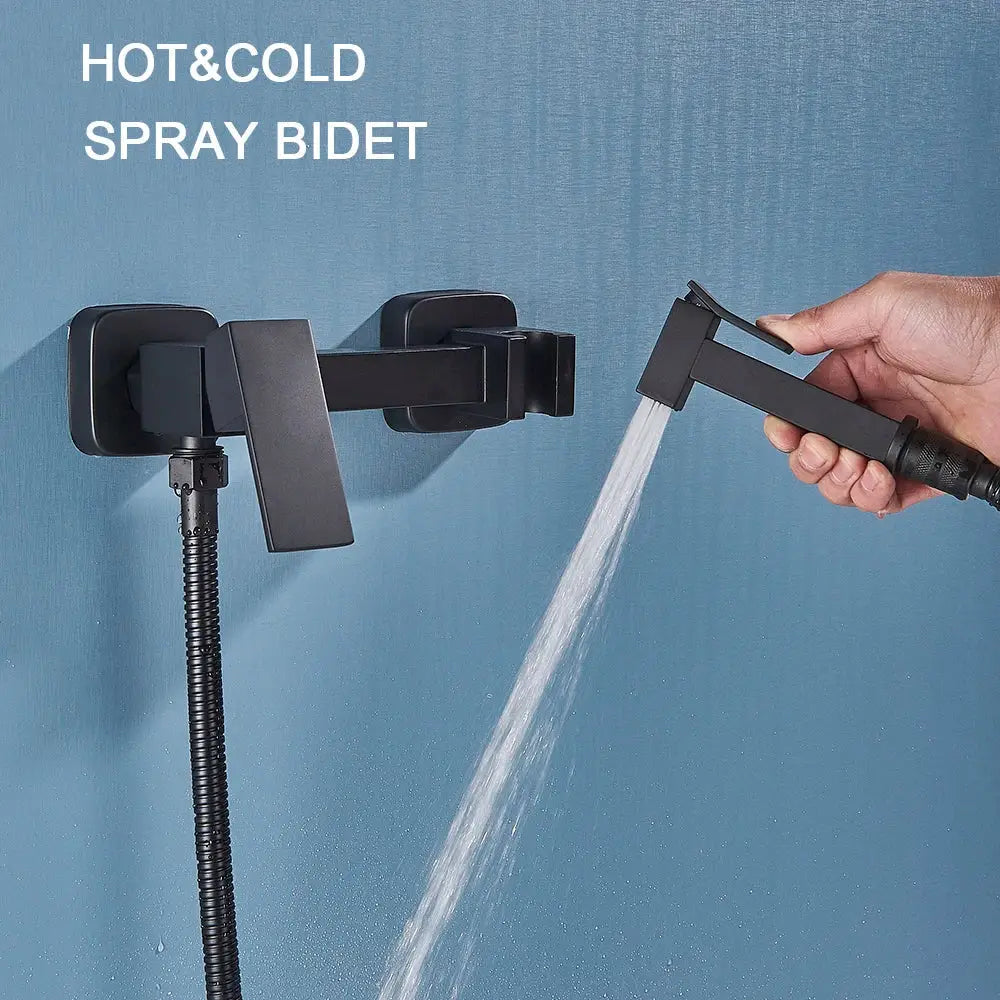 Matte black brass bidet faucet with handheld spray featuring a flexible hose and ergonomic handle for bathroom use