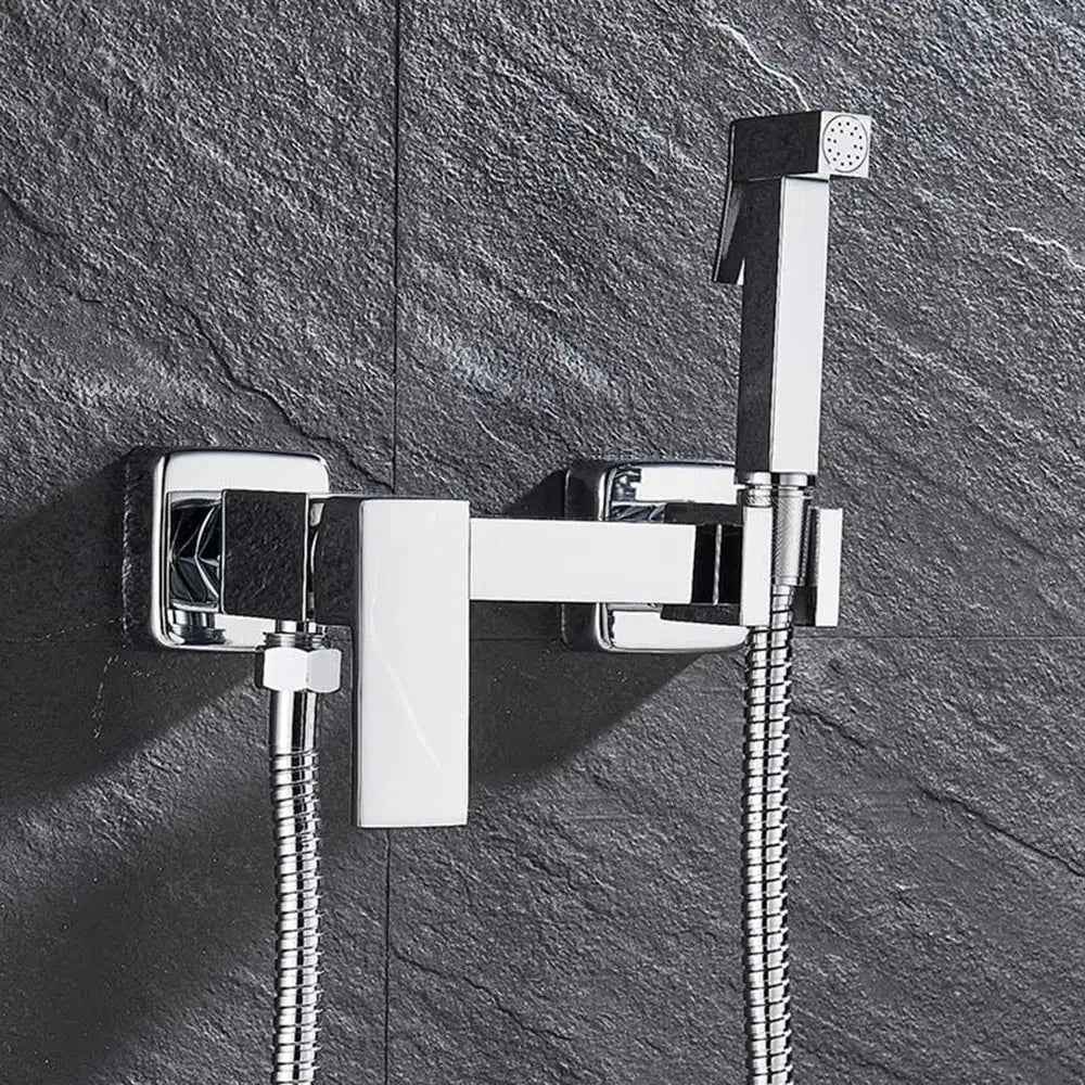 Matte black brass bidet faucet with handheld chrome sprayer featuring sleek angular design and flexible braided hose