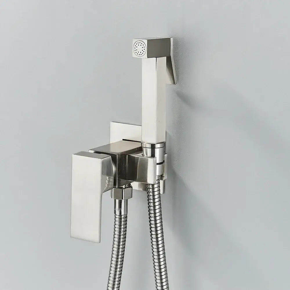 Matte black brass bidet faucet with sleek rectangular brushed stainless steel handheld spray and flexible hose for bathroom