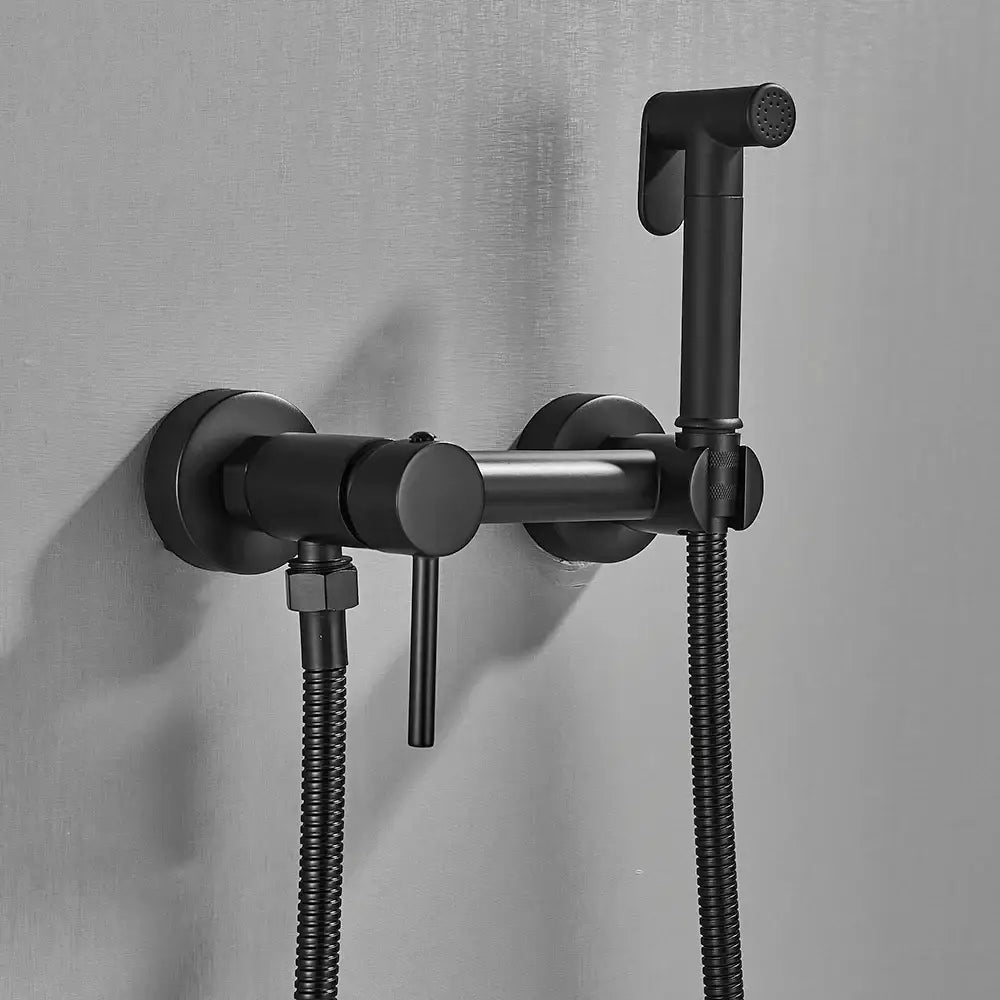 Matte black brass bidet faucet with wall-mounted shower faucet, integrated handheld sprayer, and flexible hoses by decorbites brass bidet