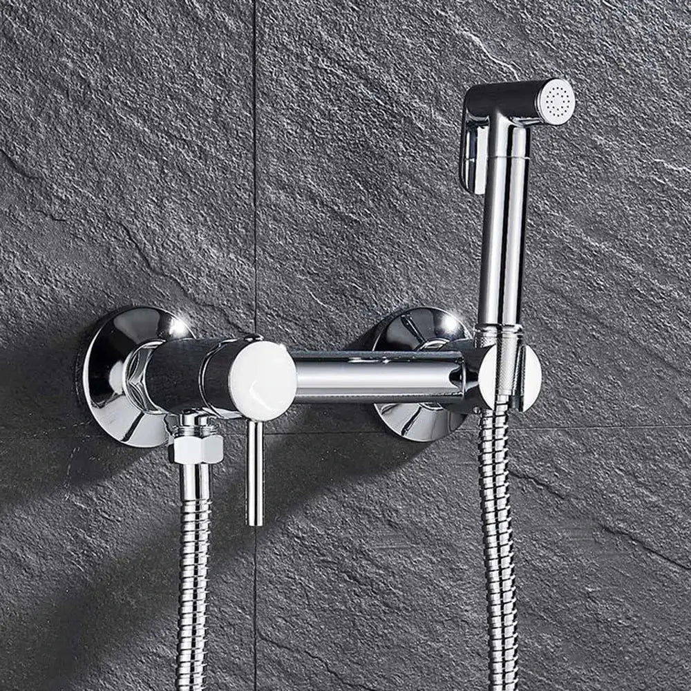 Chrome-finished wall-mounted bidet faucet with sleek modern design and white ceramic handle for bathroom use decorbites brass bidet