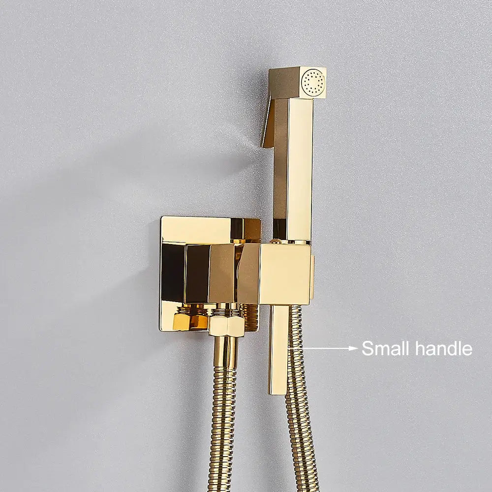 Gold-colored brass bidet faucet with modern square design wall-mounted spray and flexible hose for bathroom use