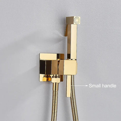 Gold-colored brass bidet faucet with modern square design wall-mounted spray and flexible hose for bathroom use