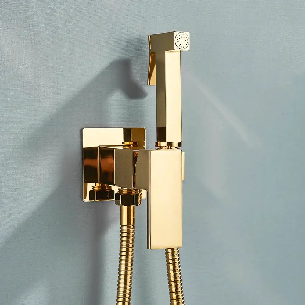 Gold-colored modern square handheld shower nozzle with metallic finish and flexible hose for brass bidet faucet decorbites