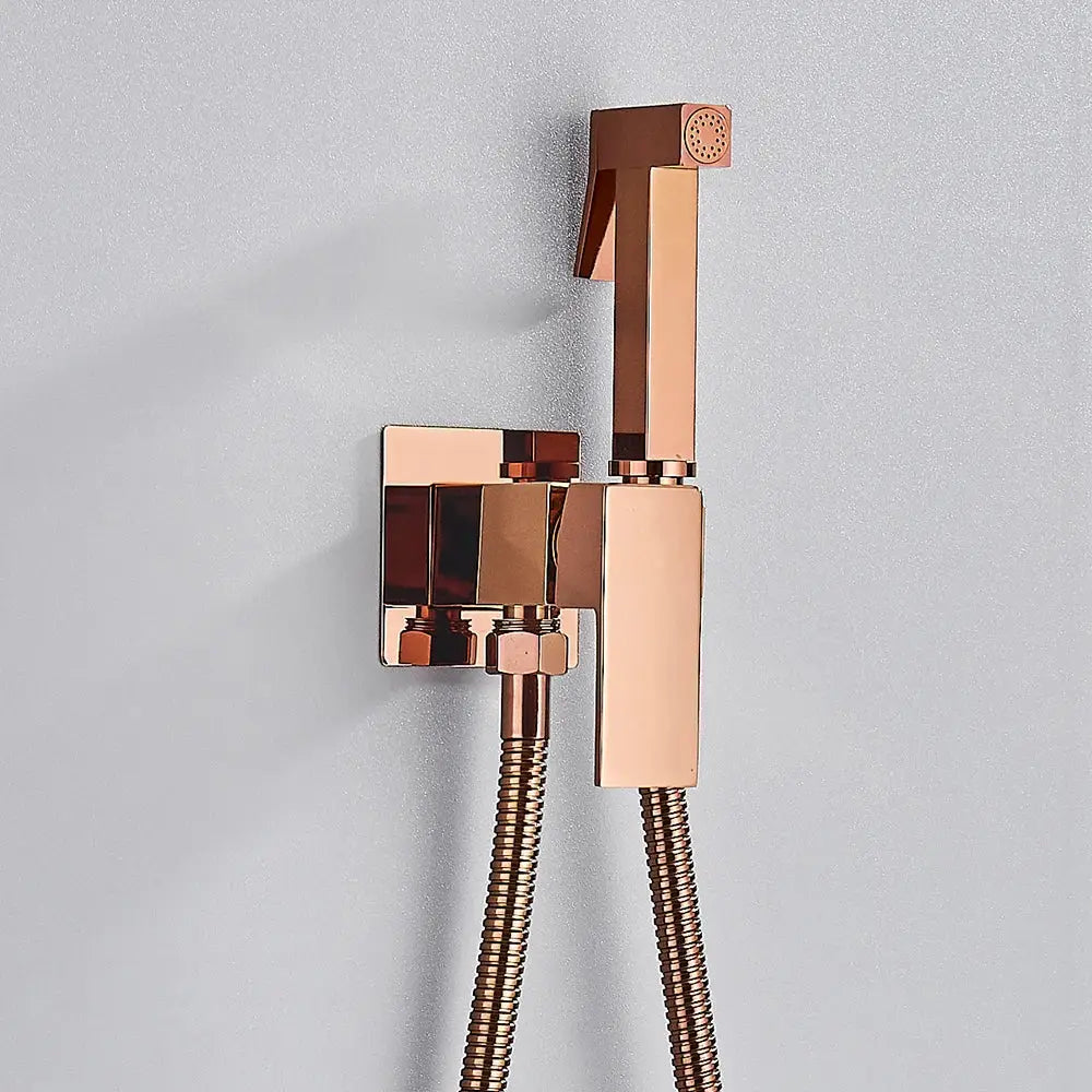 Rose gold finish wall-mounted decorbites brass bidet faucet with handheld spray and flexible braided hoses for bathroom use