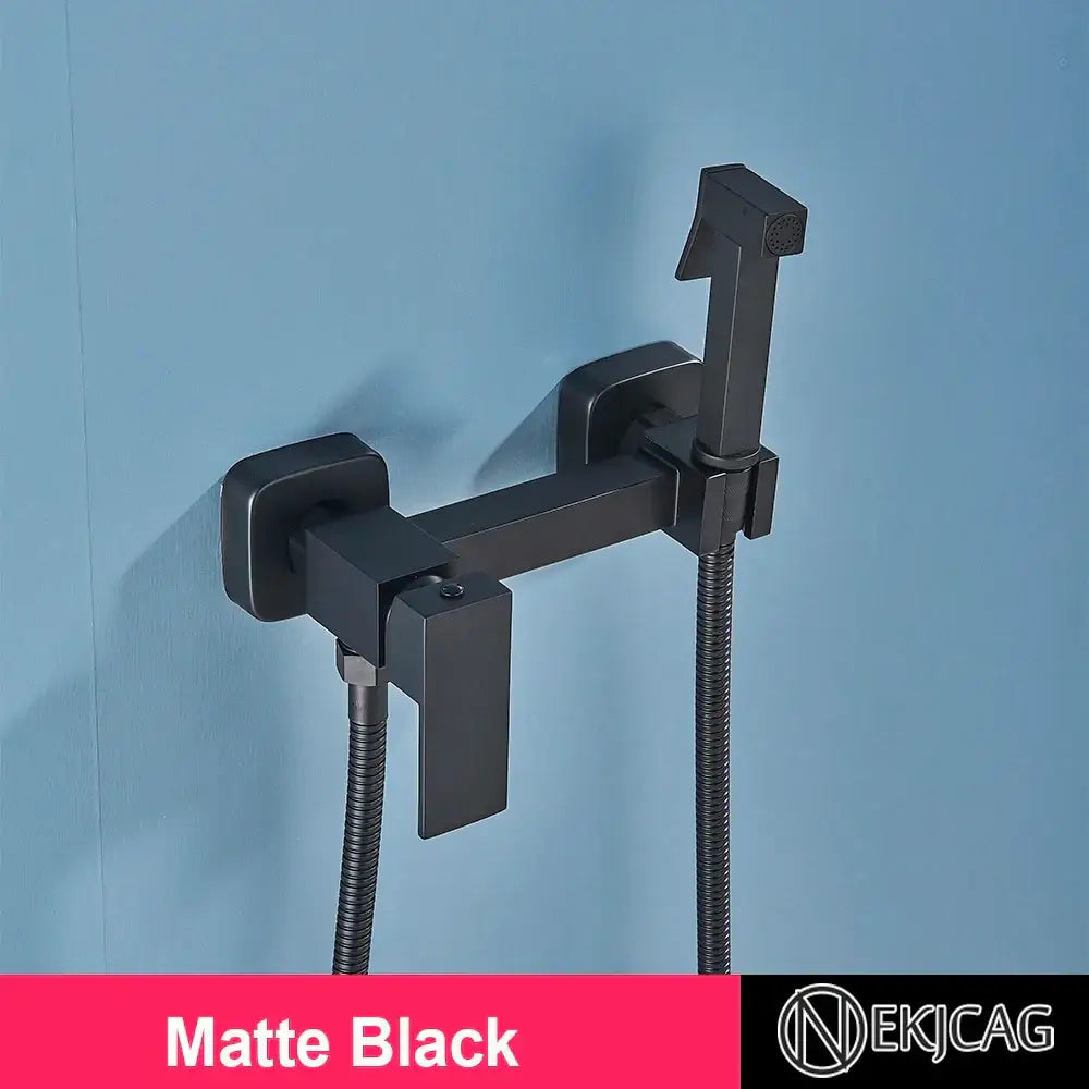 Matte black brass bidet sprayer with sleek modern faucet and two flexible hoses for bathroom wall mounted hot cold mixer