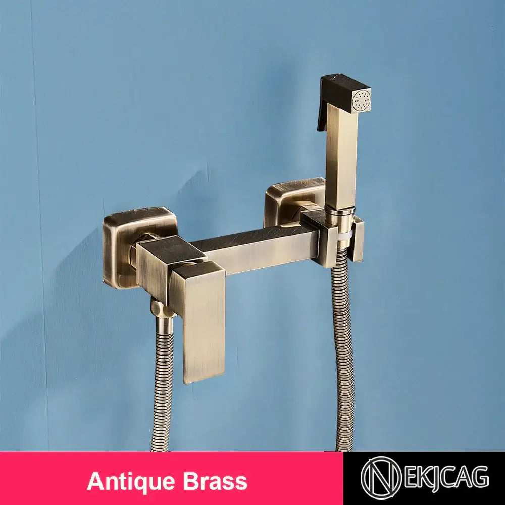 Antique brass bidet sprayer with square design and handheld showerhead for bathroom wall mounted hot cold mixer decorbites brass bidet