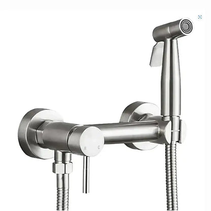 Matte black brass bidet sprayer with stainless steel handheld shower and dual-function control knob for bathroom use