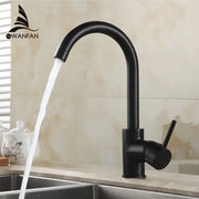 Matte black brass kitchen faucet with a sleek curved swivel spout and single lever handle by decorbites brass kitchen