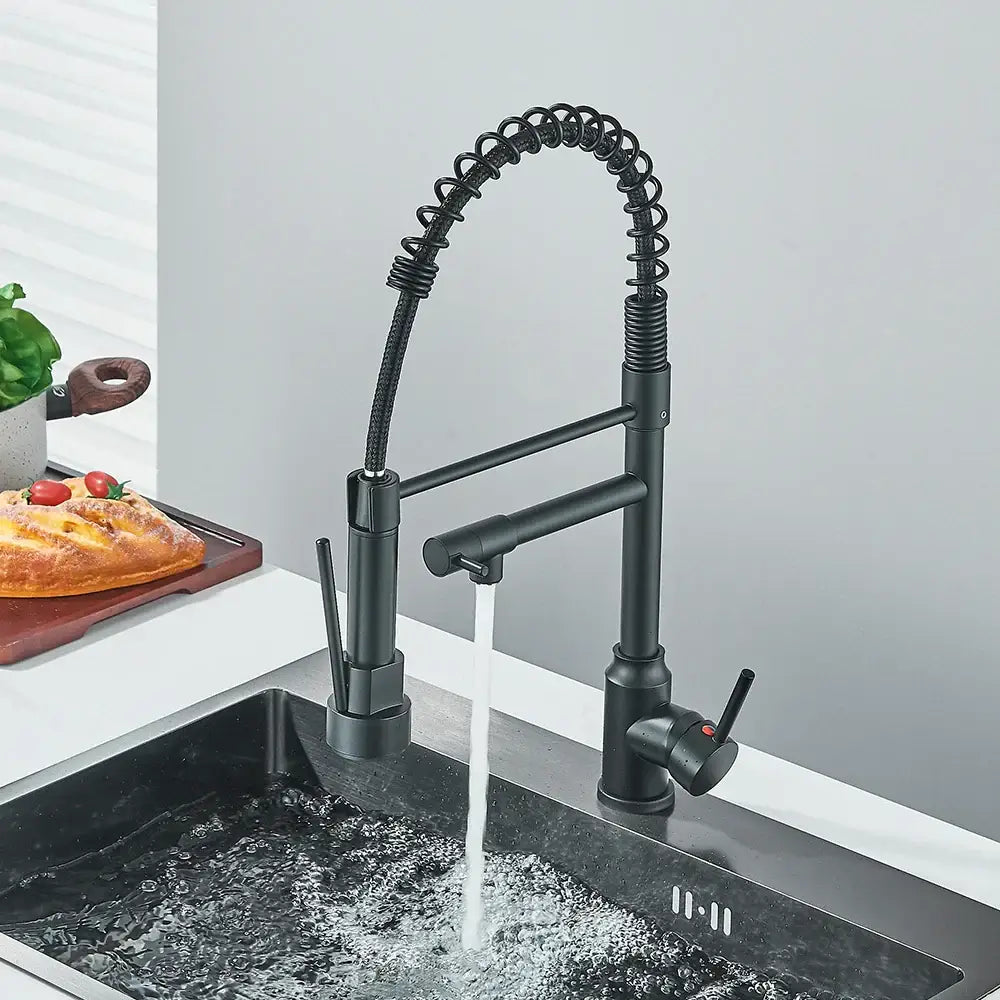 Matte black brass kitchen sink faucet with pull down dual spout and flexible coiled gooseneck by decorbites brass kitchen