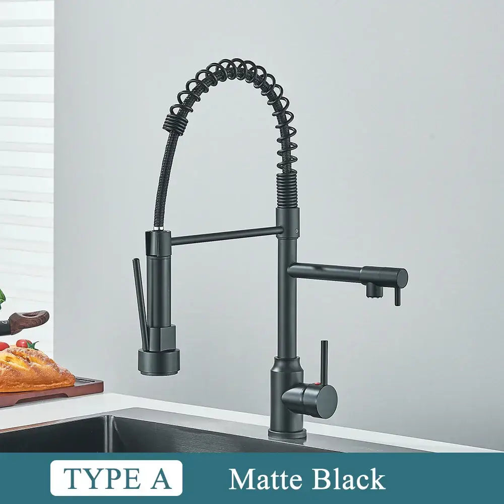 Matte black brass kitchen sink faucet with flexible coiled gooseneck spout and pull down spray head decorbites brass kitchen