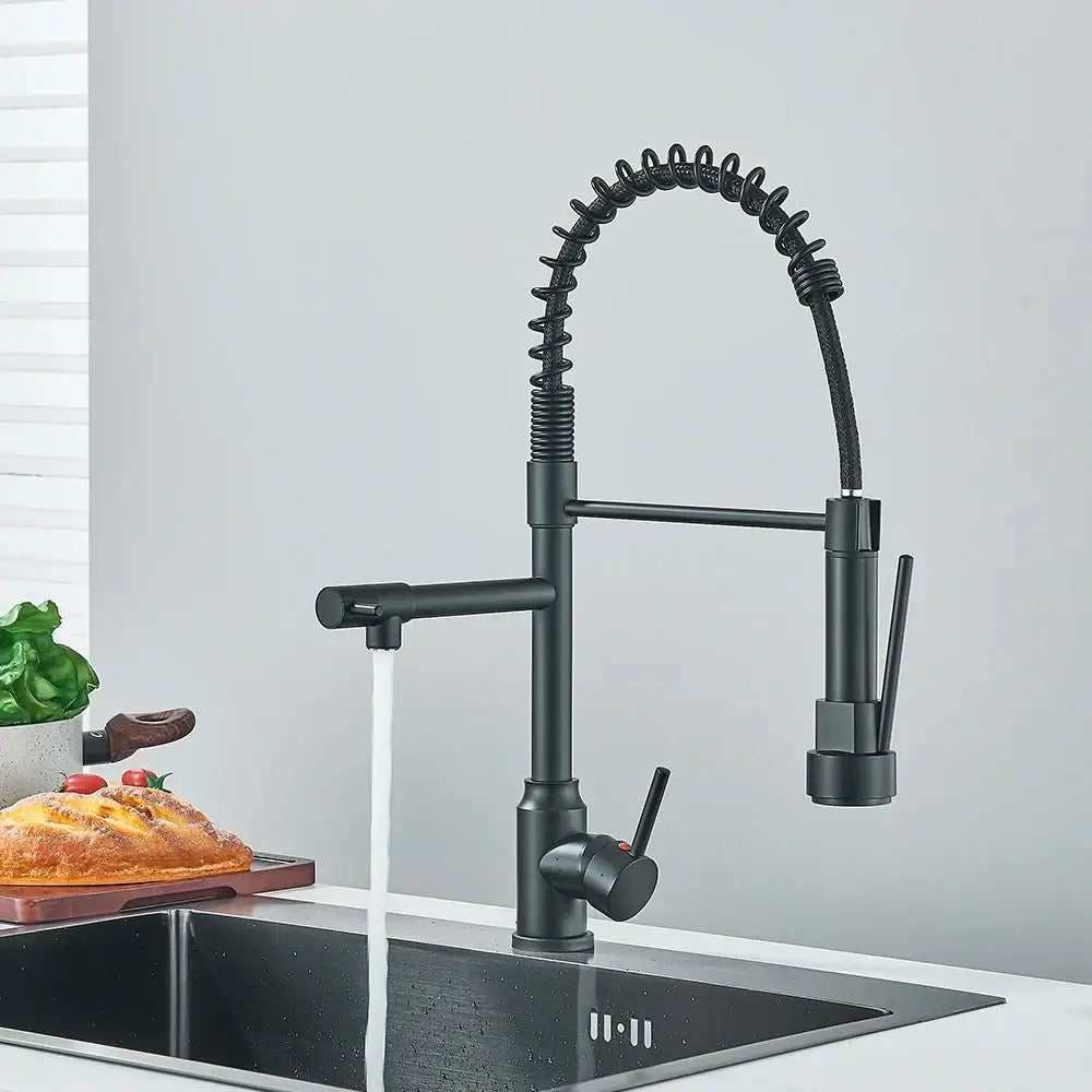 Matte black brass kitchen sink faucet with coiled flexible spout and pull down spray head for decorbites brass kitchen