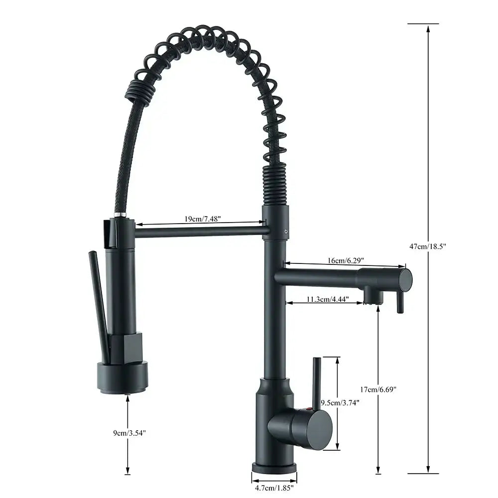 Matte black brass kitchen sink faucet with pull down dual spout and flexible coiled hose for decorbites brass kitchen