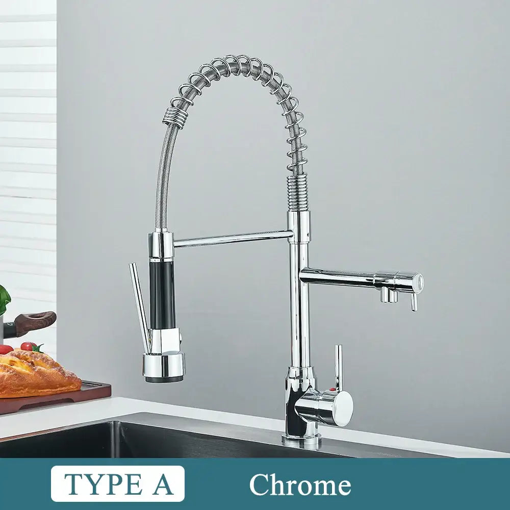 Chrome finished brass kitchen sink faucet with flexible coiled spout and dual handles for hot and cold water decorbites brass kitchen