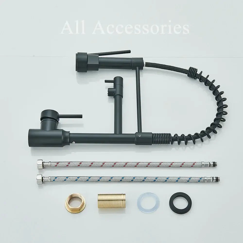 Matte black brass kitchen sink faucet with pull down dual spout flexible gooseneck and braided hoses for decorbites brass kitchen