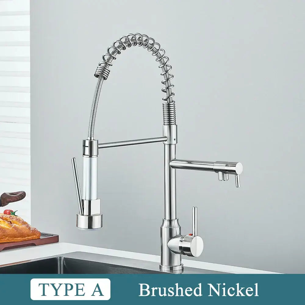 Matte black brass kitchen sink faucet with pull down dual spout featuring brushed nickel flexible coiled gooseneck sprayer decorbites brass kitchen