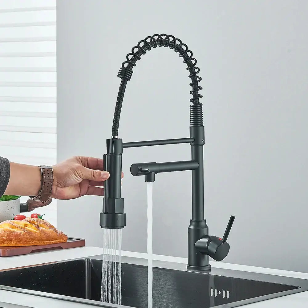Matte black brass kitchen sink faucet with pull down dual spout and flexible coiled gooseneck for decorbites brass kitchen setup
