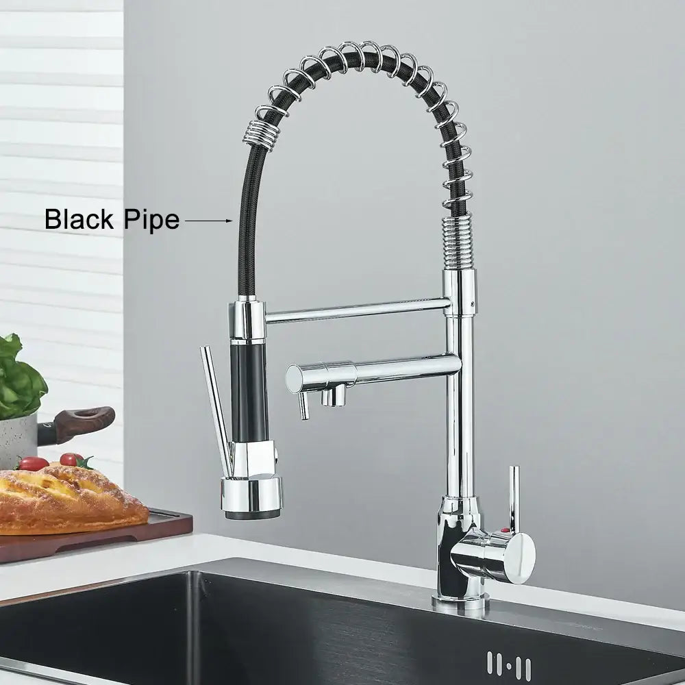 Chrome-finished brass kitchen sink faucet with flexible black-coated hose and pull-down sprayer for decorbites brass kitchen