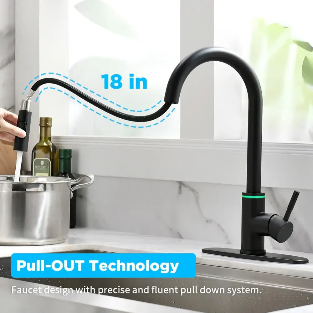 Matte black brass led kitchen faucet with color changing tap, black matte pull-out spout, and 18-inch flexible hose