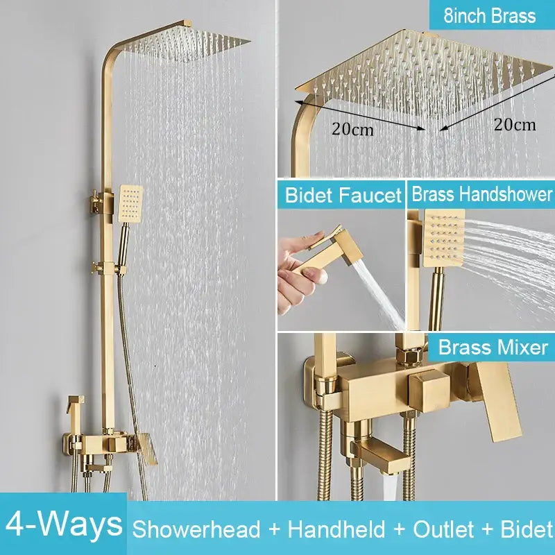 Matte black brass shower faucet set with gold-finished square rainhead handheld sprayer and integrated bidet faucet