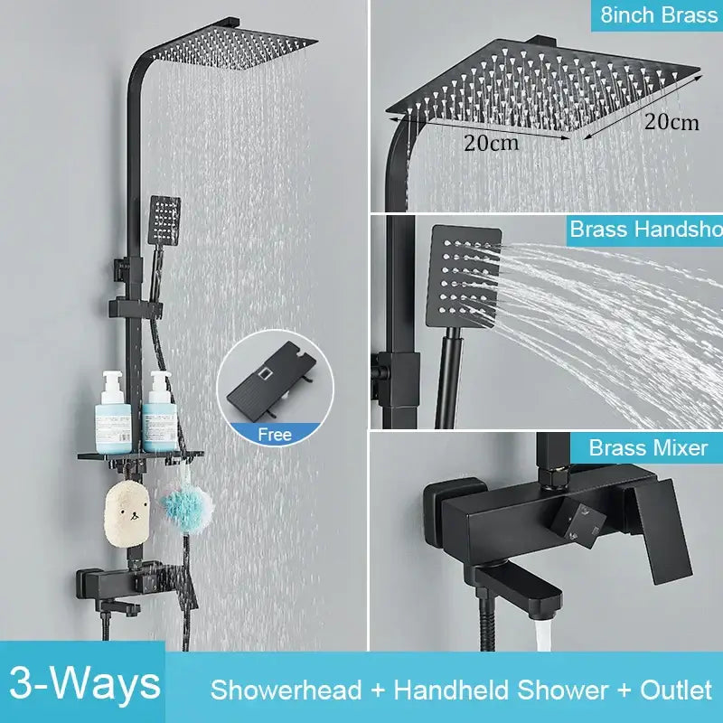 Matte black brass shower faucet set with shelf including square rainhead handheld shower and mixer for bathroom use