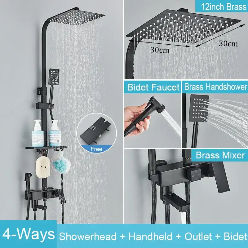 Matte black brass shower faucet set featuring a 30cm square rainfall showerhead with multiple spray nozzles