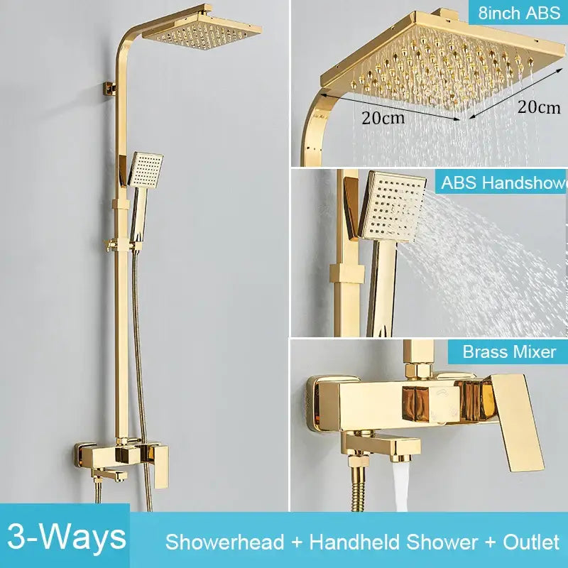 Matte black brass shower faucet set with gold-finished rainhead handheld shower and abs mixer for bathroom use