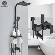 Matte black brass shower faucet set with a square rainhead handheld spray nozzle and integrated shelf for toiletries