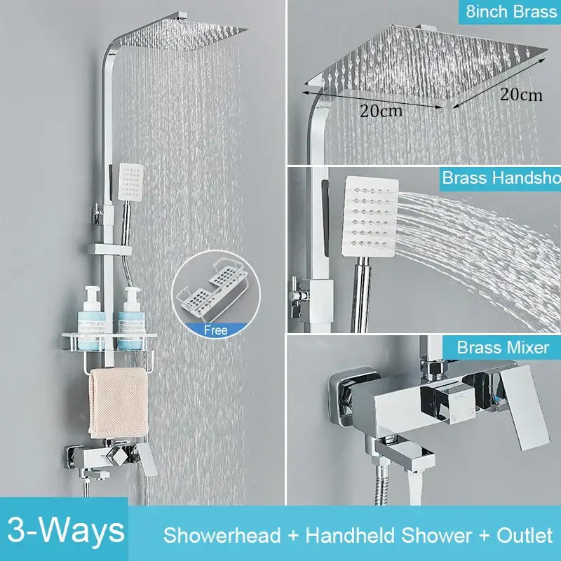 Matte black brass shower faucet set with 20cm square rainfall showerhead handheld shower and mixer with shelf