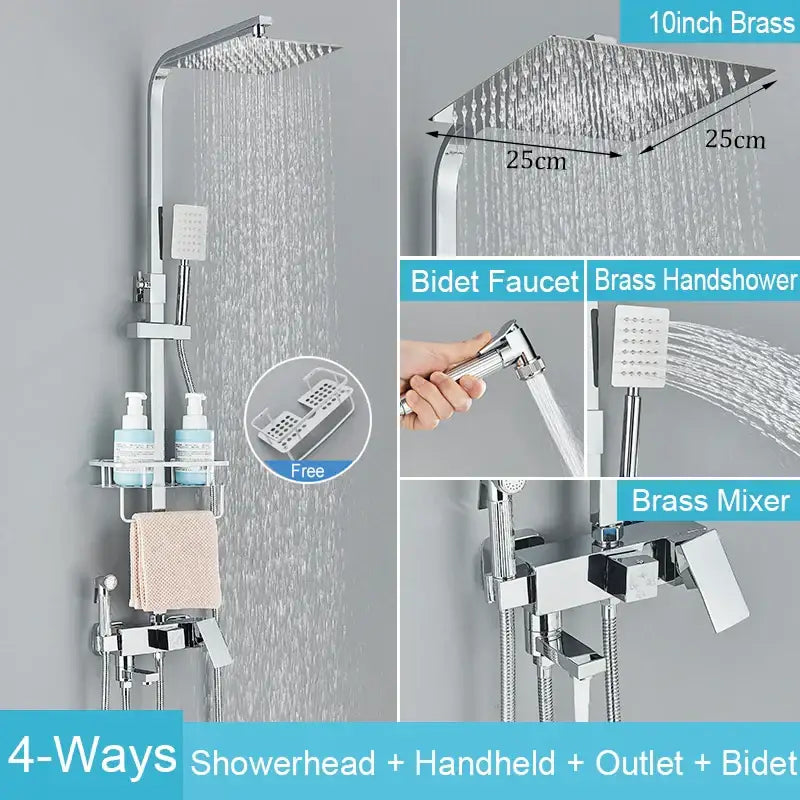 Matte black brass shower faucet set with 10-inch square showerhead featuring modern design and multiple water flow settings