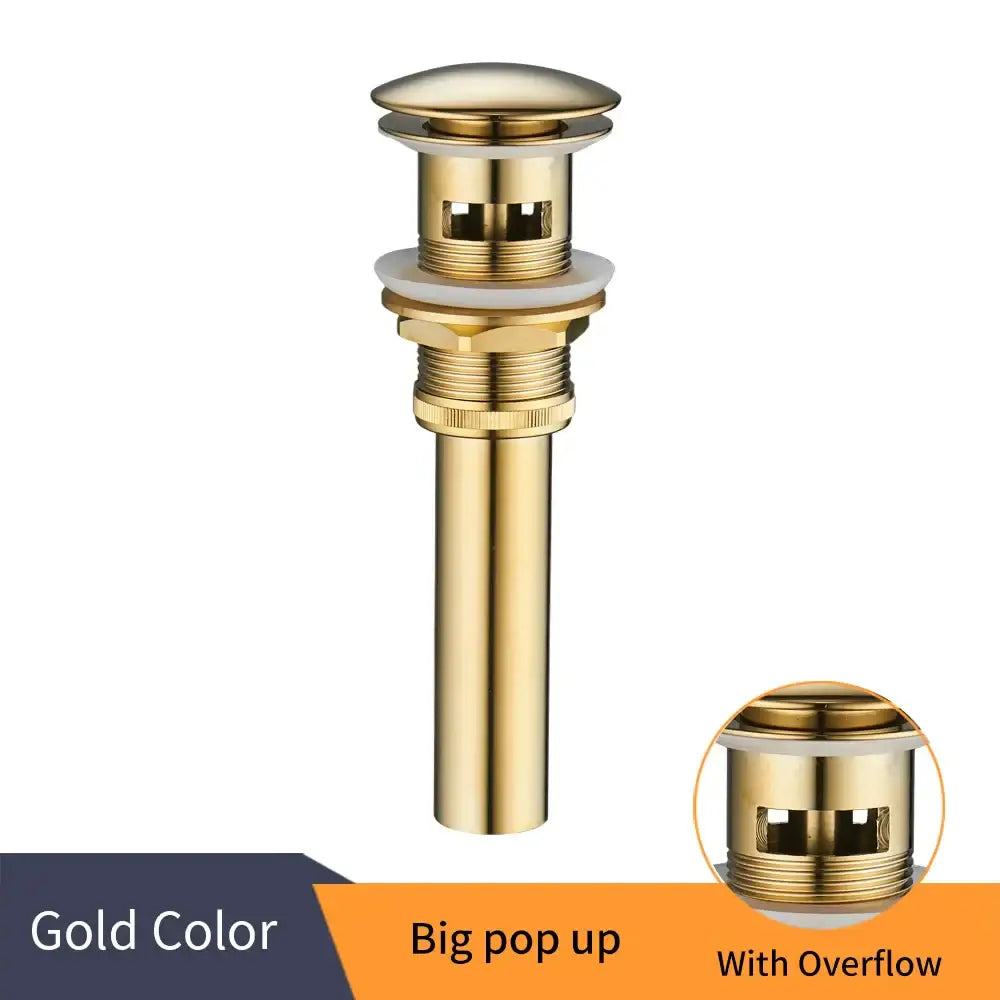 Matte black brass vessel sink pop up drain with overflow featuring gold-colored brass decorbites brass black finish