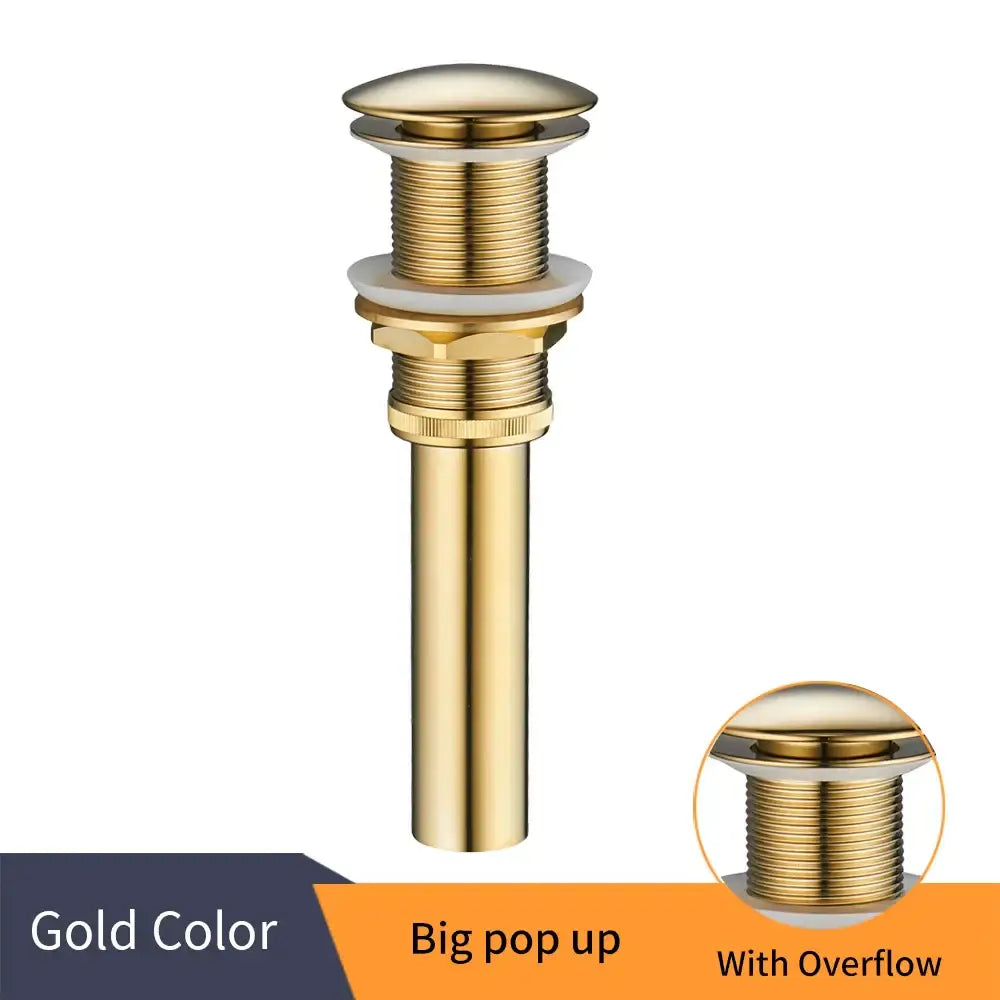Gold-colored brass pop-up sink drain with overflow and threaded design for decorbites brass black vessel sink use