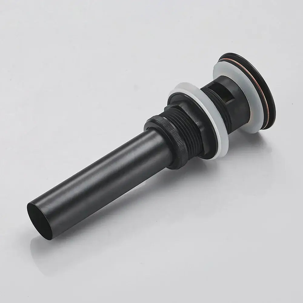Matte black brass pop up drain for black vessel sink with threaded metal body and white rubber seals by decorbites brass black