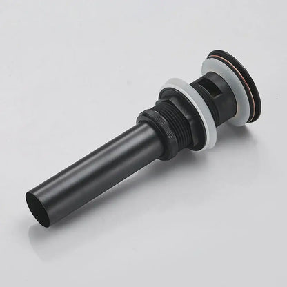 Matte black brass pop up drain for black vessel sink with threaded metal body and white rubber seals by decorbites brass black