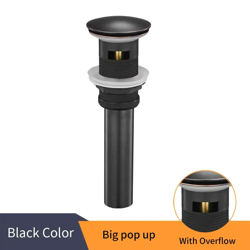 Matte black brass vessel sink pop up drain with copper-toned overflow detail for brass black vessel decorbites bathroom use