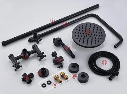 Matte black and bronze shower faucet set with round rainhead, handheld sprayer, and flexible hose for bathroom use