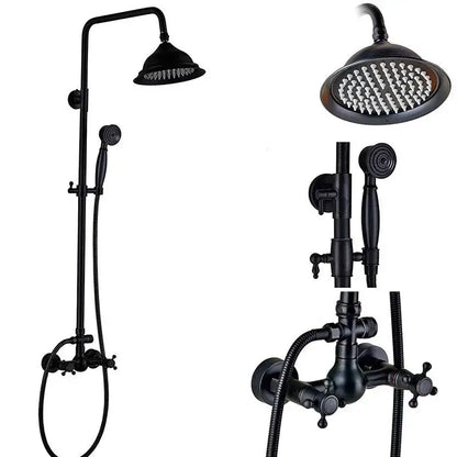 Matte black and bronze shower faucet set with black matte brass rain shower head handheld spray and wall-mounted faucet assembly