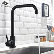 Matte black decorbites kitchen faucet with curved spout and single lever handle in brushed nickel finish