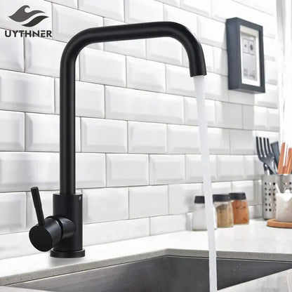 Matte black decorbites kitchen faucet with curved spout and single lever handle in brushed nickel finish