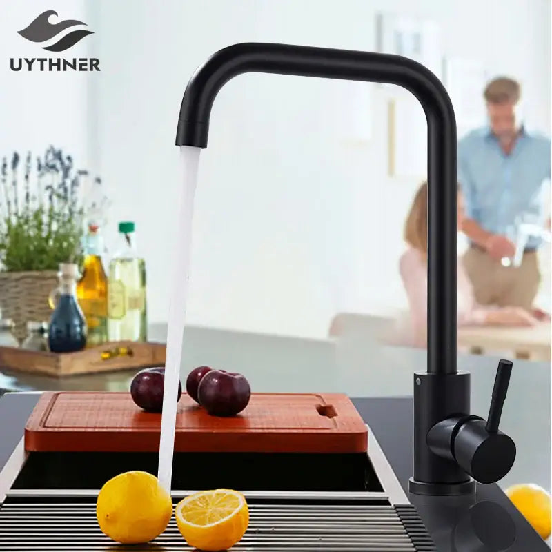 Matte black decorbites kitchen faucet with curved spout and single lever handle in brushed nickel finish