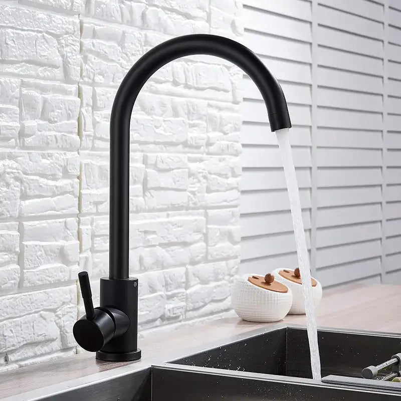 Matte black decorbites kitchen faucet with curved spout and single lever handle in brushed nickel finish