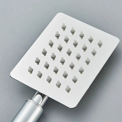 Matte black and brushed silver stainless steel handheld shower head with square brushed stainless steel shower head and rounded nozzles