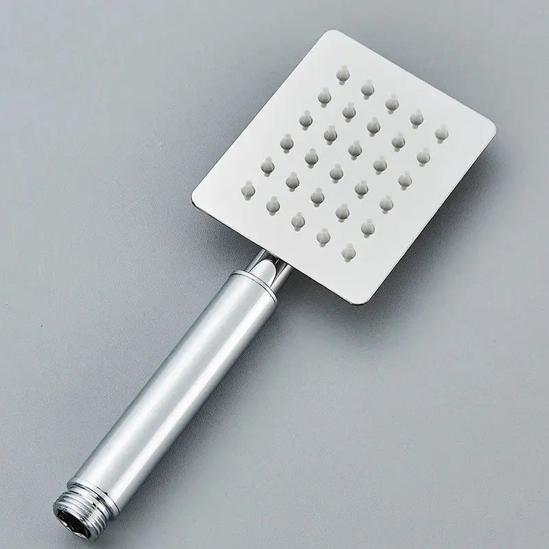 Silver stainless steel square shower head with multiple nozzles for handheld bathroom use in matte black and brushed silver design