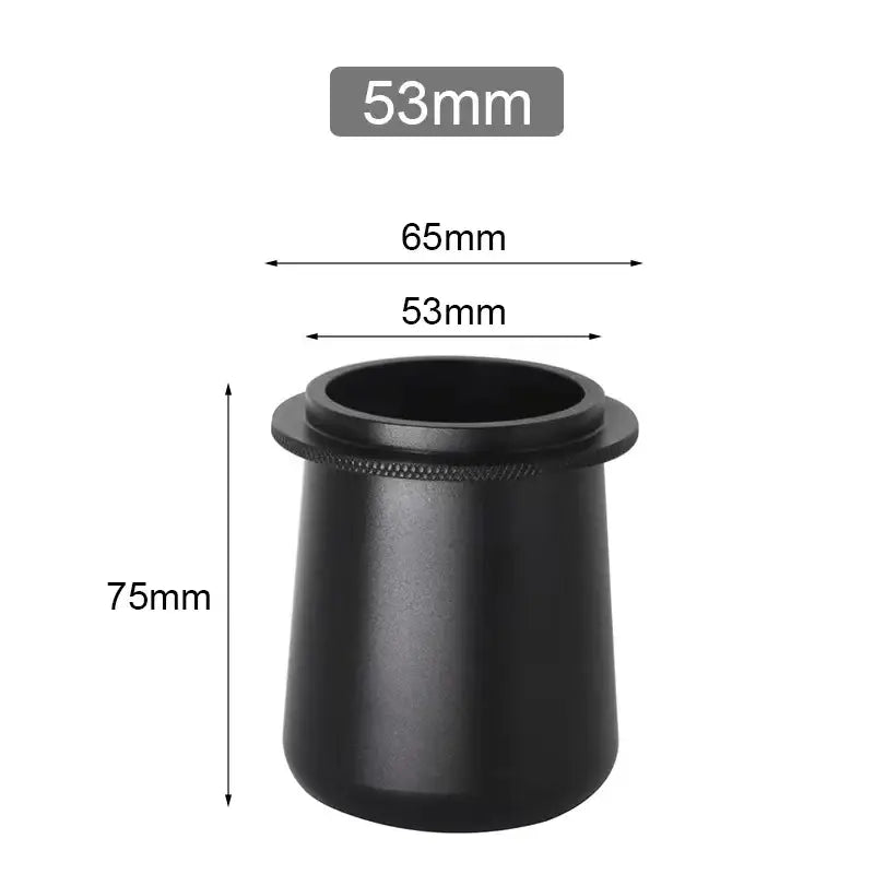 Matte black ceramic dosing cup with threaded top for decorbites espresso machine dosing and barista use