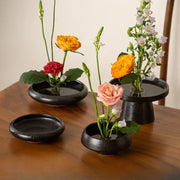 Set of three matte black ceramic vase sword mountain decorbites vases with varying heights and wide shallow bowls