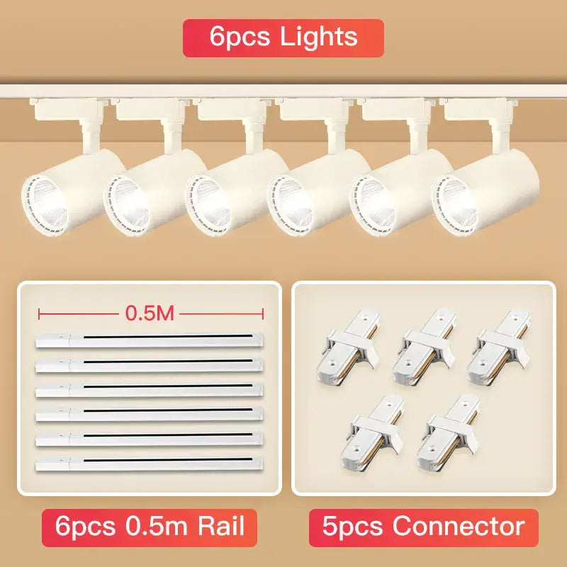 Set of six white track lights with adjustable heads and rails for decorbites cob chandelier track ceiling installation