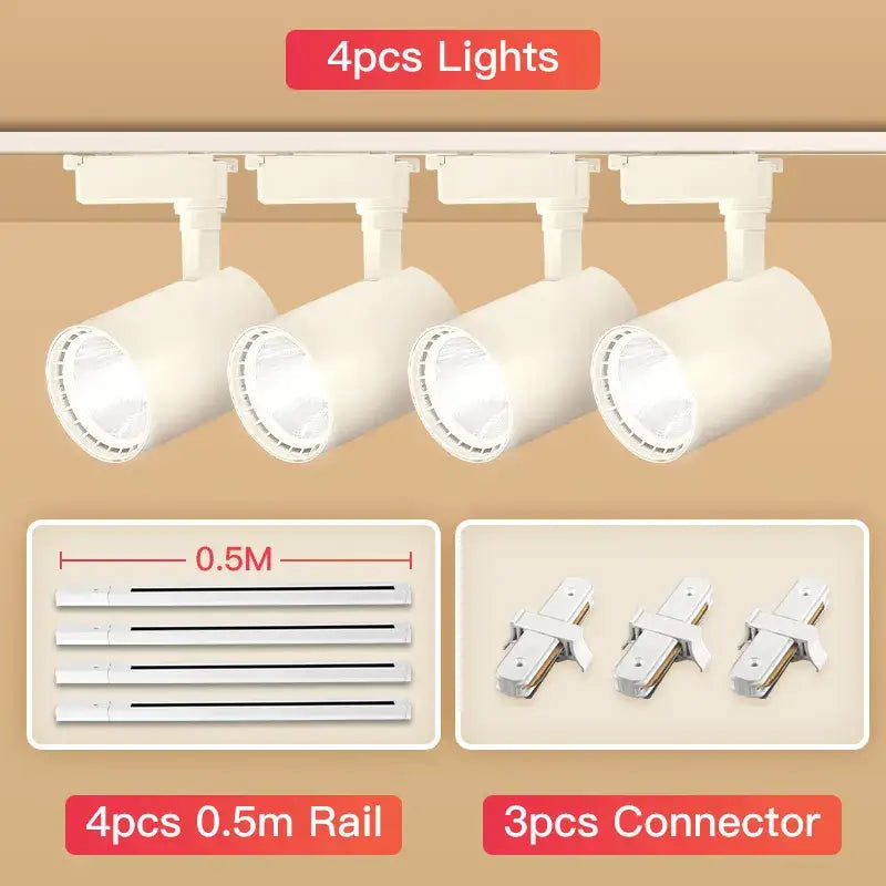 Set of four white adjustable track lights with rails and connectors for decorbites cob chandelier track ceiling use