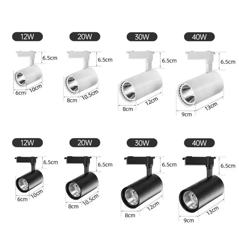 Matte black cob chandelier track ceiling spotlights with adjustable white and black heads in 12w to 40w power options